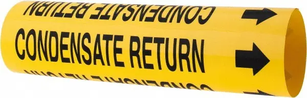Made in USA Pipe Marker w/ Condensate Return Legend & Arrow Graphic - 2-1/2 to 3-1/4" Pipe Outside Dia, Black on Yellow