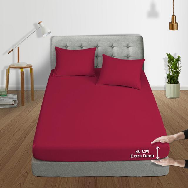 (Red, Double) Extra Deep 40cm Fitted Bed Sheets Poly Cotton Single Double King Size