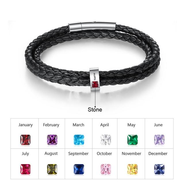 Personalized Stainless Steel Men Bracelets with Name Engraved Beads Birthstone Multilayer Leather Bracelets for Men
