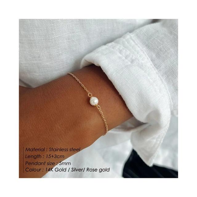 (Light Yellow Gold Color, White) eManco Minimalist Stainless Steel Bracelets for Women Sea pearls Bracelet Women Charm Bracelet Jewelry