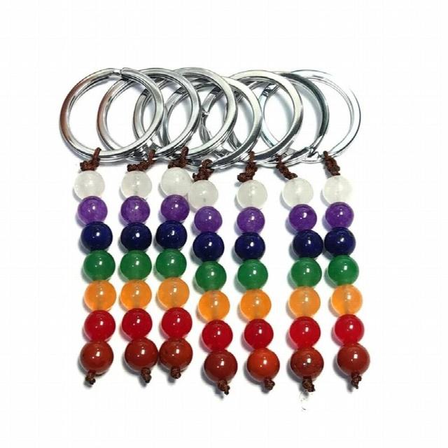 10pcs 8mm Natural Stone 7 Colors Chakra Key Rings Brown Rope Keychains Healing Crystal Car Decor Key Chain Keyholder
