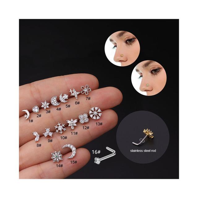 (Light Yellow Gold Color, MULTI) 1PCS flower L Shaped Nose Studs Piercing 20G Stainless Steel Cubic Zirconia Screw Indian Nose Ring Piercing real Nost