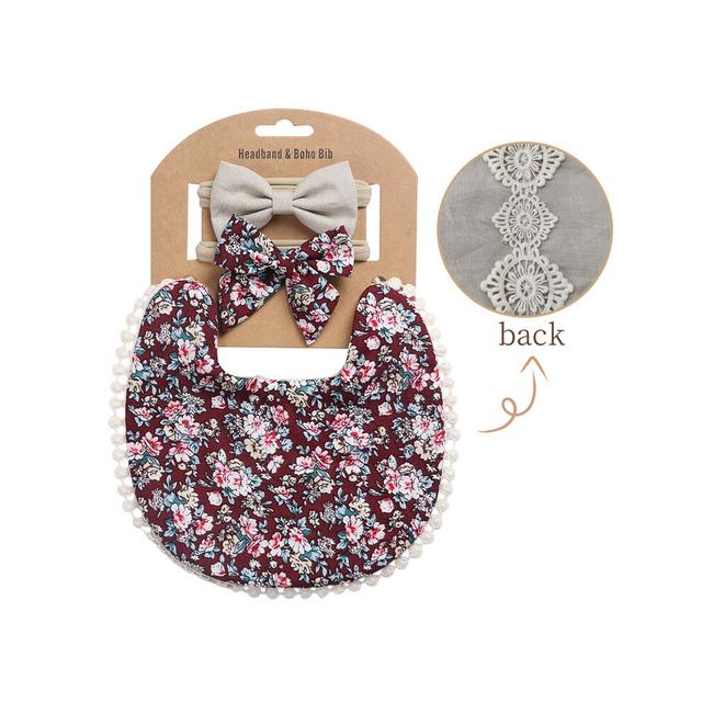 (Yellow) Baby Boys Girls Bibs & Headband Floral PrintS Tassel Dinner Saliva Towel Vintage Double Side Feeding Bibs Kids Hair Accessories