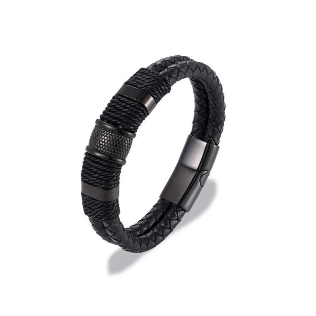 (23cm, L060) Punk Men Braided Leather Stainless Steel Magnetic Buckle Bracelet