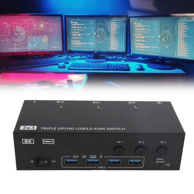 HD KVM Switch with DisplayPort 8K@60Hz 4K@144Hz 3 PCs 3 Displays 4 USB