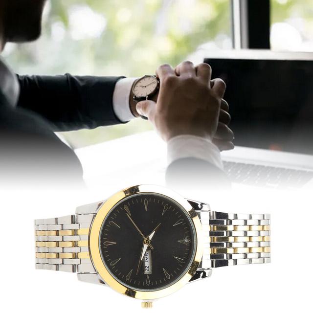 Elegant Men's Quartz Watch: Black Dial Gold/Silver Strap Dual Calendar