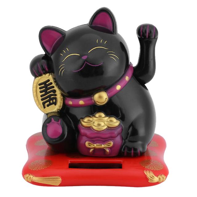 Solar Powered Waving Cat Luck Wealth Decor Black