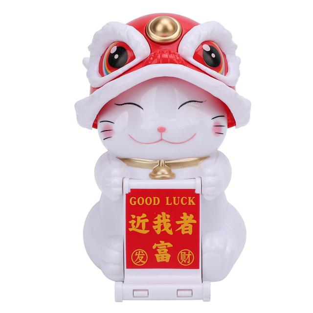 (Yellow) Lion Dance Cat Solar Powered Nodding Lucky Cat Red