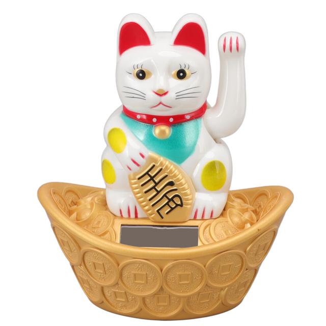 (MLY358A Gold) Solar Powered Waving Cat Fortune Decoration Desktop White MLY358C