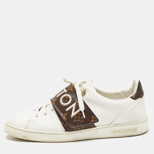 Louis Vuitton White/Brown Leather and Monogram Canvas Logo Strap Frontrow Sneakers Size 40