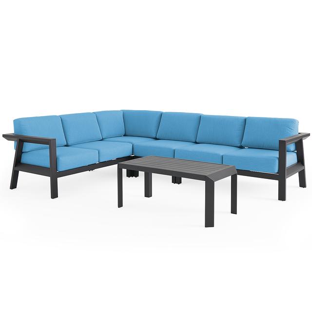 St. Lucia Midnight Aluminum with Cushions 5 Piece Sectional Group + 43 x 22 in. Coffee Table (Canvas Sky Blue)