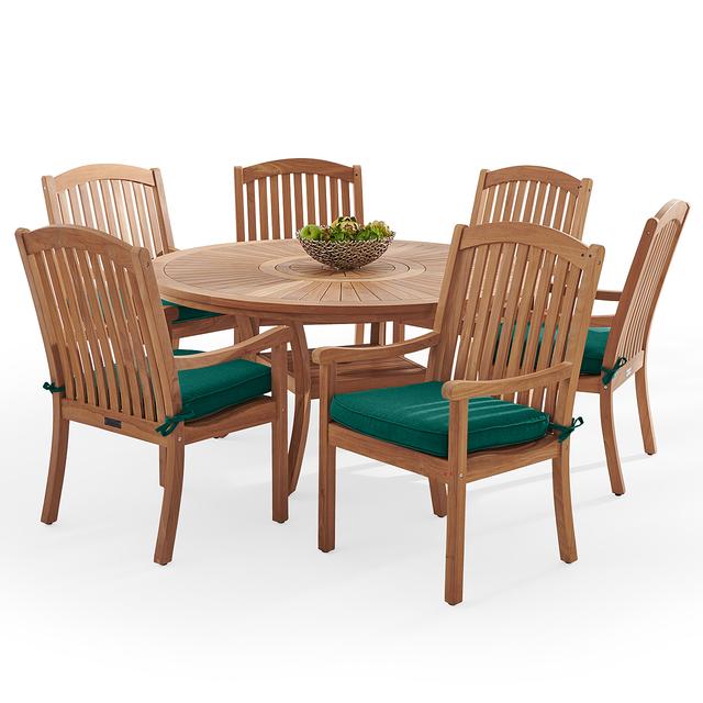 Eastchester Teak with Cushions 7 Piece Dining Set + Bristol 59 in. D Table (Canvas Forest Green)