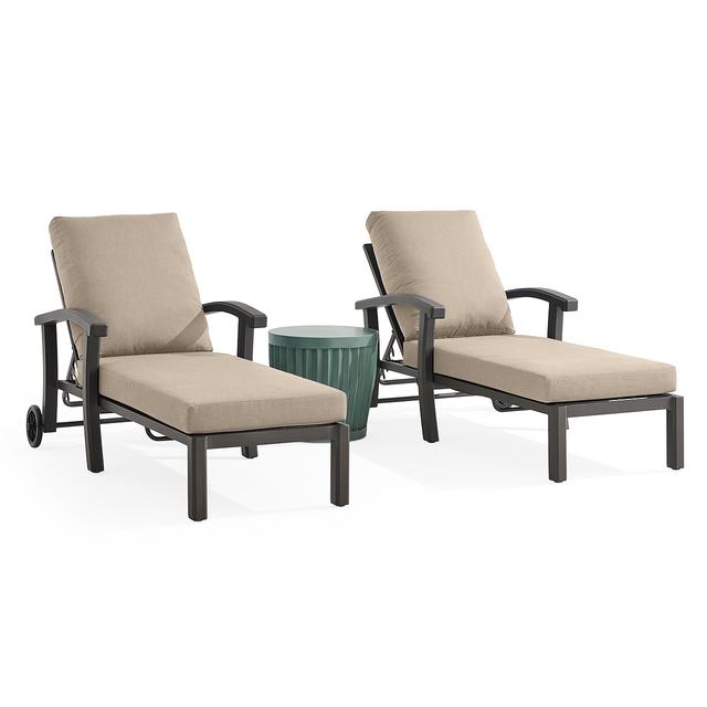 Fairmont Aged Bronze Aluminum with Cushions 3 Piece Chaise Lounge Set + Sea Glass 20 in. D Fluted Side Table (Cast Ash)
