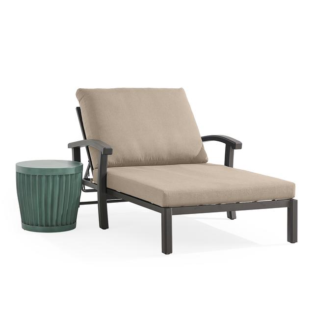 Fairmont Aged Bronze Aluminum with Cushions 2 Piece Double Chaise Lounge Set + Sea Glass 20 in. D Fluted Side Table (Cast Ash)