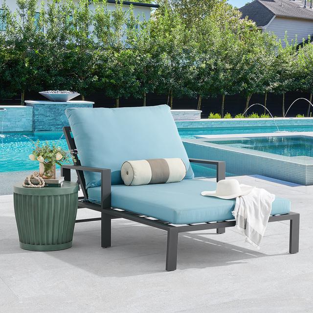 Montecito Charcoal Aluminum with Cushions 2 Piece Double Chaise Lounge Set + Sea Glass 20 in. D Fluted Side Table (Canvas Mineral Blue)