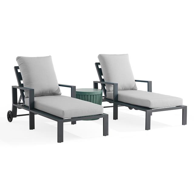Montecito Charcoal Aluminum with Cushions 3 Piece Chaise Lounge Set + Sea Glass 20 in. D Fluted Side Table (Canvas Granite)