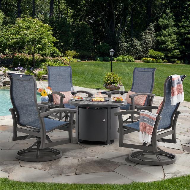 Fairmont Aged Bronze Aluminum with Sling 5 Piece Swivel Chat Set + 36 in. D Carlisle Fire Pit (Collect Indigo)