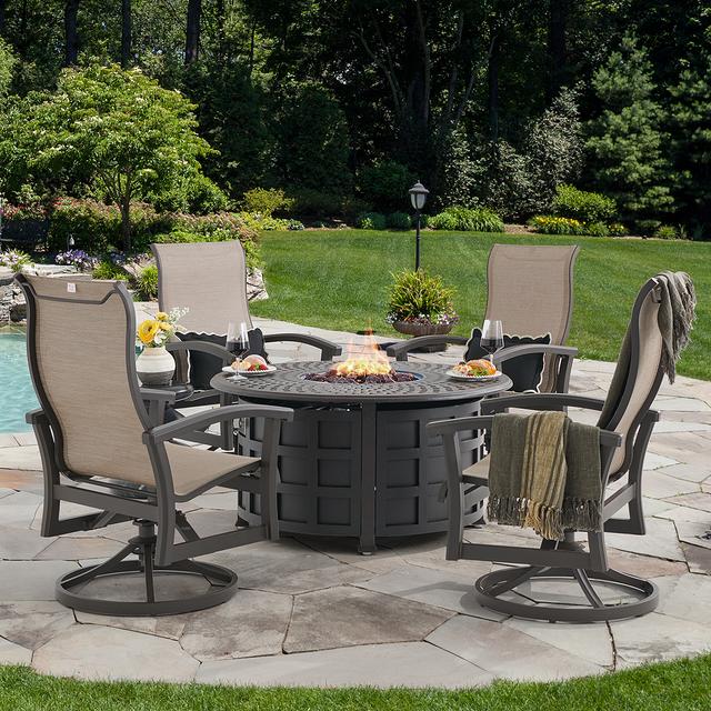 Fairmont Aged Bronze Aluminum with Sling 5 Piece Swivel Chat Set + 48 in. D Carlisle Fire Pit (Pueblo Dune)