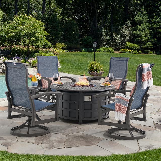 Fairmont Aged Bronze Aluminum with Sling 5 Piece Swivel Chat Set + 48 in. D Carlisle Fire Pit (Collect Indigo)