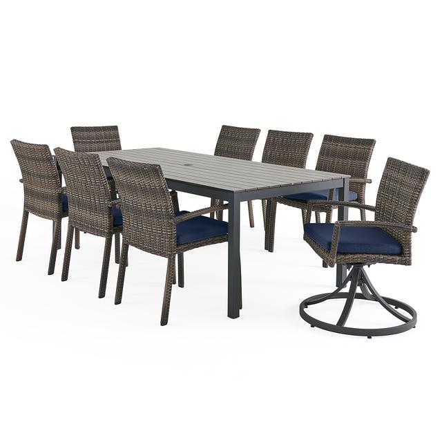 Sonoma Husk Outdoor Wicker with Cushions 9 Piece Combo Dining Set + 84 x 40 in. Table (Spectrum Indigo)