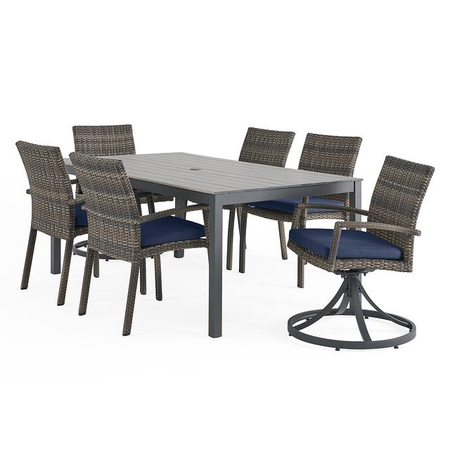 Sonoma Husk Outdoor Wicker with Cushions 7 Piece Combo Dining Set + 72 x 40 in. Table (Spectrum Indigo)