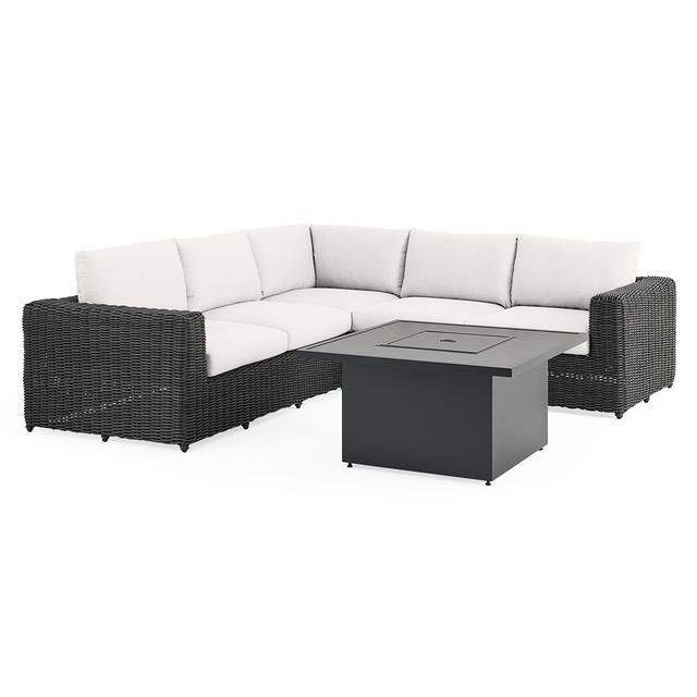 Laguna Smoke Outdoor Wicker with Cushions 4 Piece Sectional + 42 in. Sq. Fire Pit Table (Cast Pumice)