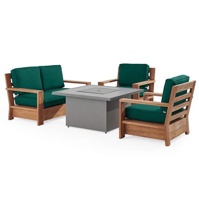 Castello Teak with Cushions 4 Piece Loveseat Group + 42 in. Sq. Sintered Fire Pit (Canvas Forest Green)