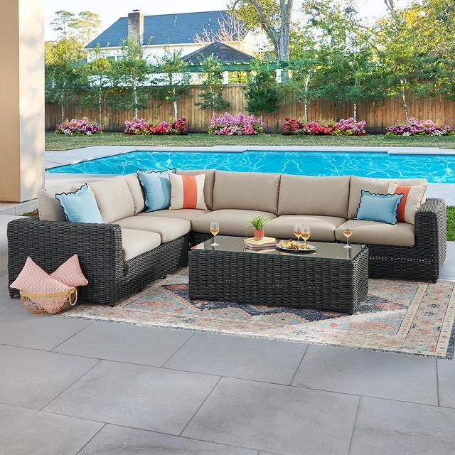 Laguna Smoke Outdoor Wicker with Cushions 5 Piece Sectional + 56 x 29 in. Coffee Table (Cast Ash)