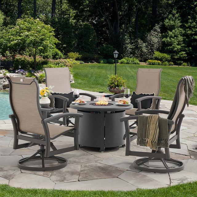 Fairmont Aged Bronze Aluminum with Sling 5 Piece Swivel Chat Set + 36 in. D Carlisle Fire Pit (Pueblo Dune)