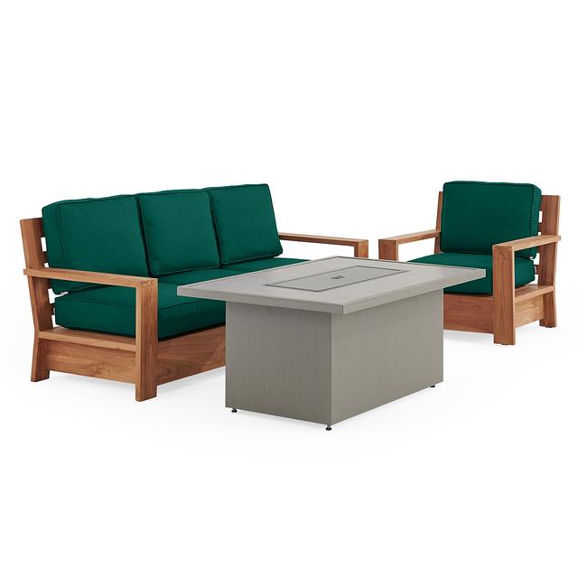 Castello Teak with Cushions 3 Piece Sofa Group + 52 x 32 in. Sintered Fire Pit (Canvas Forest Green)