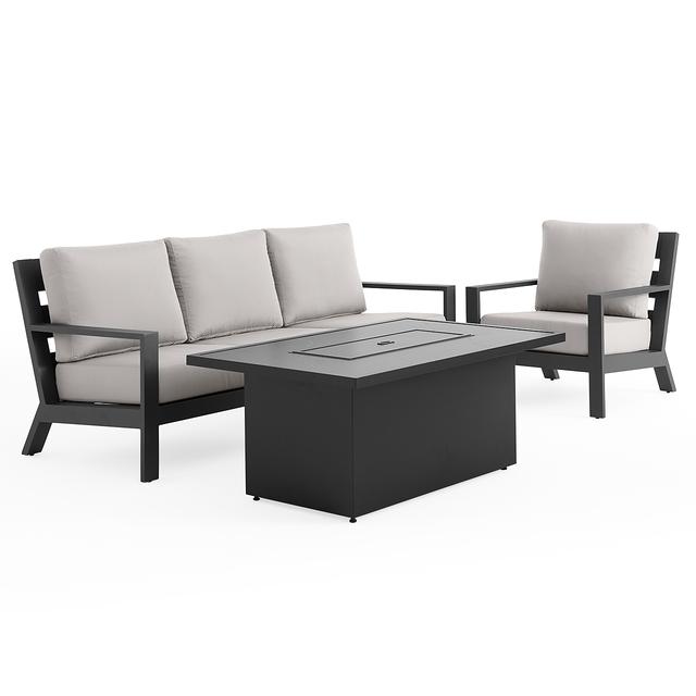 Montecito Charcoal Aluminum with Cushions 3 Piece Sofa Group + 52 x 32 in. Sintered Fire Pit Table (Canvas Granite)