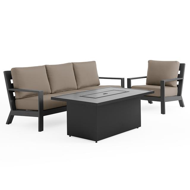 Montecito Charcoal Aluminum with Cushions 3 Piece Sofa Group + 52 x 32 in. Sintered Fire Pit Table (Canvas Taupe)