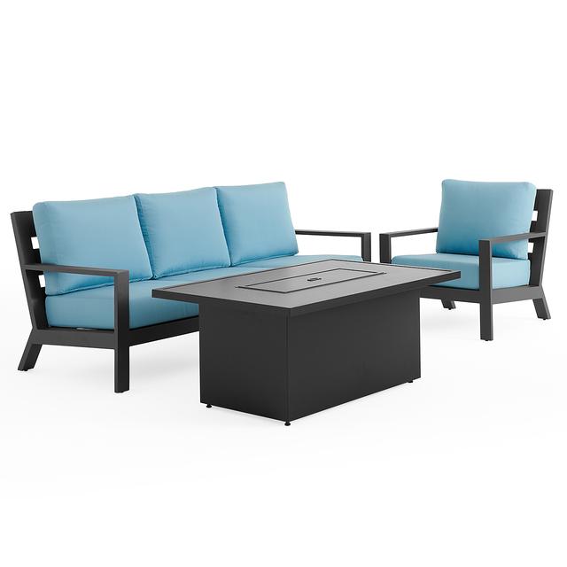 Montecito Charcoal Aluminum with Cushions 3 Piece Sofa Group + 52 x 32 in. Sintered Fire Pit Table (Canvas Mineral Blue)