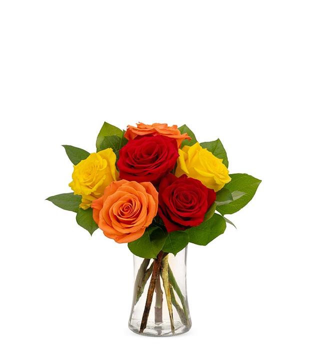 Red Yellow & Orange Roses 36 - 6 Stems | Floral Bouquet
