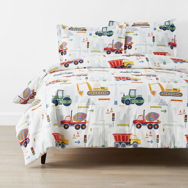 Construction Trucks Classic Cool Organic Cotton Percale Duvet Cover Set - Brown/Gray, Size Full/queen, Animals Whimsy | The Company Store