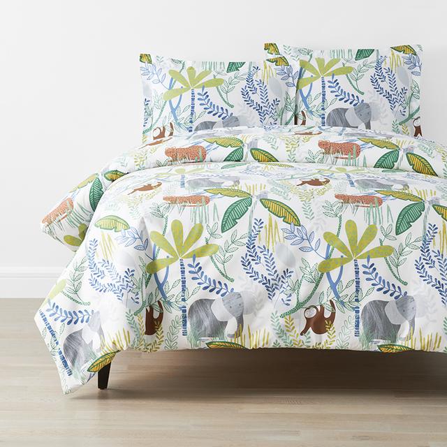 Jungle Classic Cool Organic Cotton Percale Duvet Cover Set - Blue/Brown, Size Full, Animals Whimsy | The Company Store
