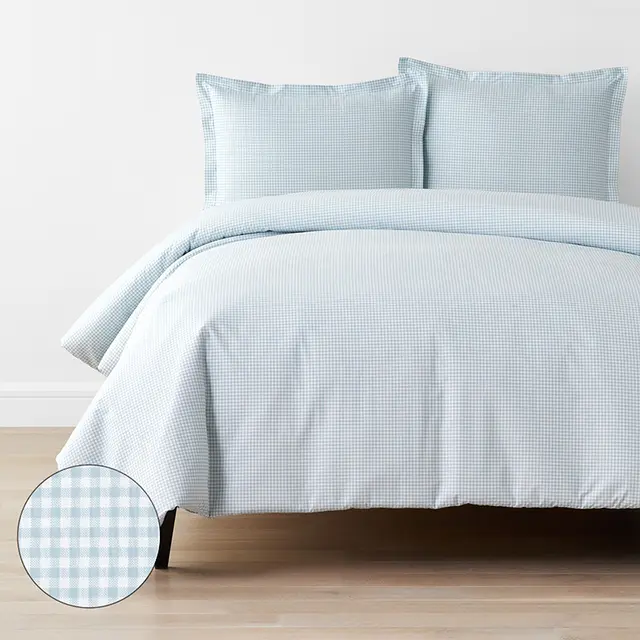 Ditsy Gingham Classic Cool Organic Cotton Percale Duvet Cover Set - Blue, Size Full/queen/Plaids | The Company Store