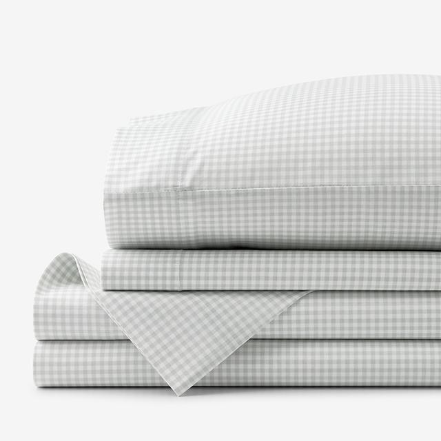 Ditsy Gingham Classic Cool Organic Cotton Percale Bed Sheet Set - Gray/White, Size Queen/Plaids | The Company Store
