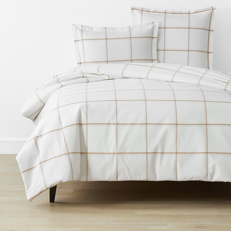 Tailored Stripes and Plaids Classic Cool Cotton Percale Bed Duvet Cover - Window Pane Plaid Wheat, Full - White/Plaids | The Company Store
