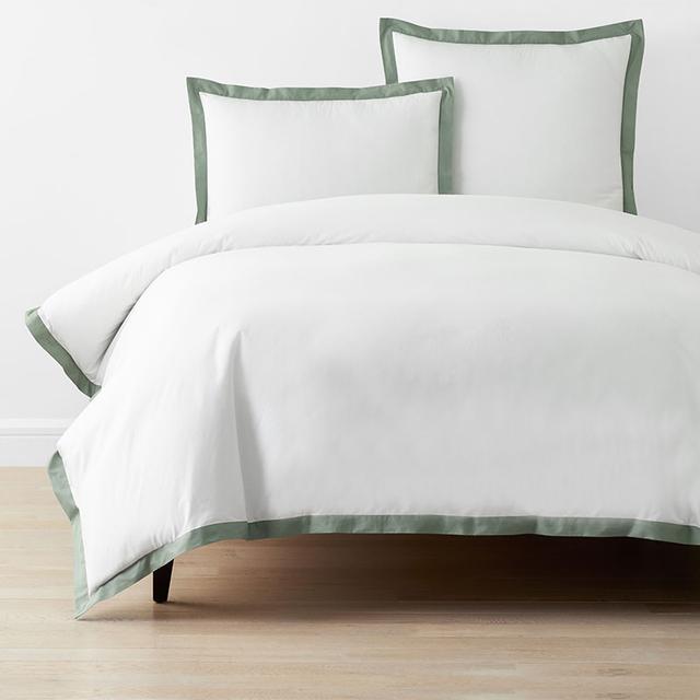 Solid Border Classic Cool Cotton Percale Duvet Cover - Thyme, King/Cal. King - Green/White, Size California King | The Company Store