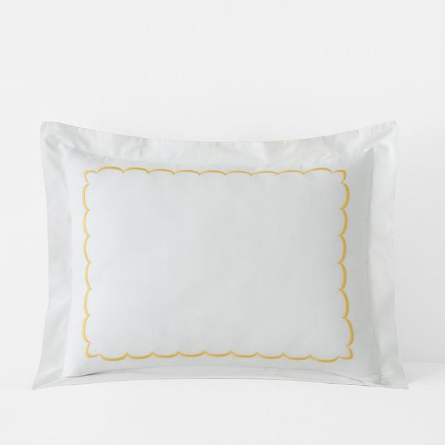 Scallop Embroidered Premium Cool Egyptian Percale Sham - White/Yellow, Size King | The Company Store