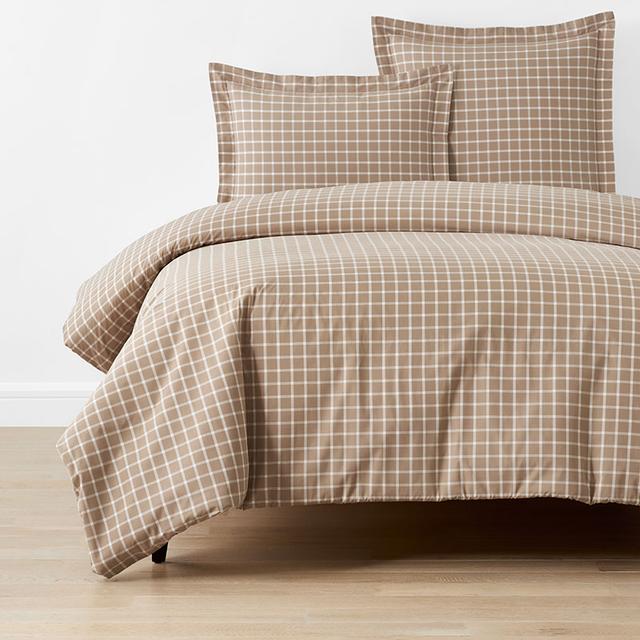 Classic Stripes and Plaids Cool Yarn-Dyed Cotton Percale Duvet Cover - Windowpane Taupe, Full/Queen - Beige/Brown | The Company Store