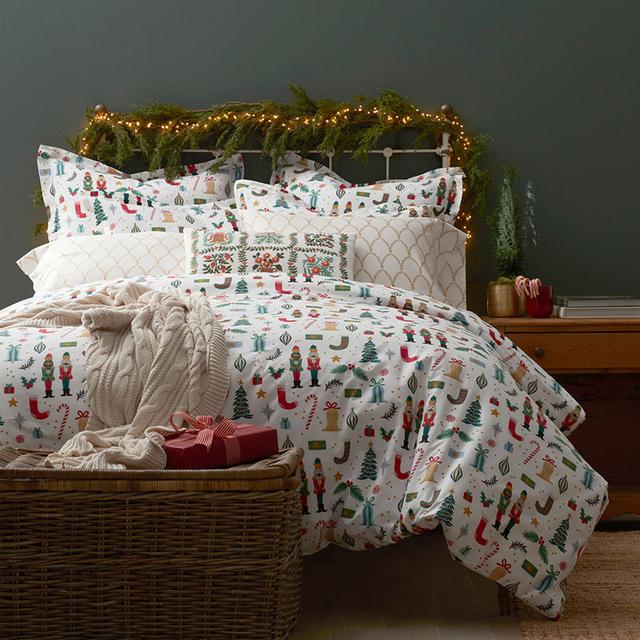 Nutcracker Classic Cool Cotton Percale Comforter - Ivory Multi, Medium Warmth, Full/Queen - Ivory/Red | The Company Store