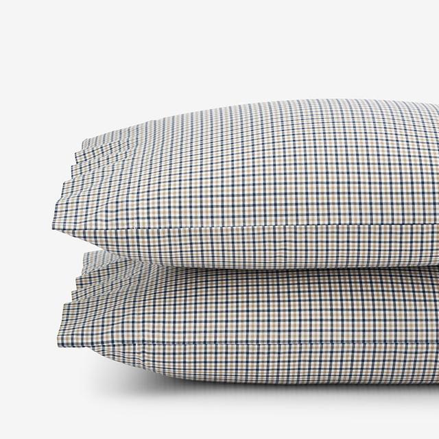Classic Stripes and Plaids Cool Yarn-Dyed Cotton Percale Pillowcase Set - Mini Check Multi, Standard - Beige/Blue | The Company Store