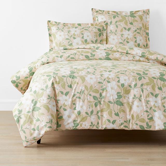 Clemencia Classic Cool Cotton Percale Duvet Cover - Floral Peach Blossom, King/Cal King - Green/Orange/Coral, Size California King | The Company Store