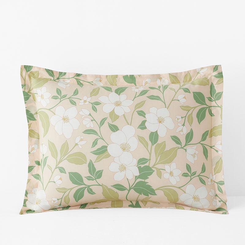 Clemencia Classic Cool Cotton Percale Sham - Floral Peach Blossom, King - Green/Orange/Coral | The Company Store