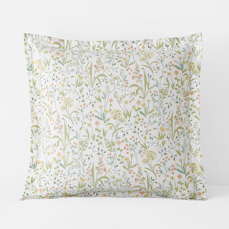 Clemencia Classic Cool Cotton Percale Sham - Mini Floral Peach Blossom, Euro - Green/Orange/Coral, Size 26 In. x 26 In. | The Company Store