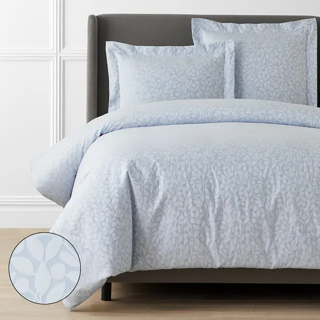 Jacquard Leaf Yarn-Dyed Premium Smooth Supima® Cotton Wrinkle-Free Sateen Duvet Cover - Blue Shadow, Size Full | The Company Store