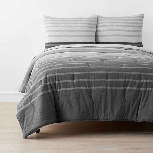 T-Shirt Soft Jersey Knit Stripe Yarn-Dyed Comforter Set - Gray Multi, Medium Warmth, Twin/Twin XL - Gray/Light Gray, Cotton | The Company Store