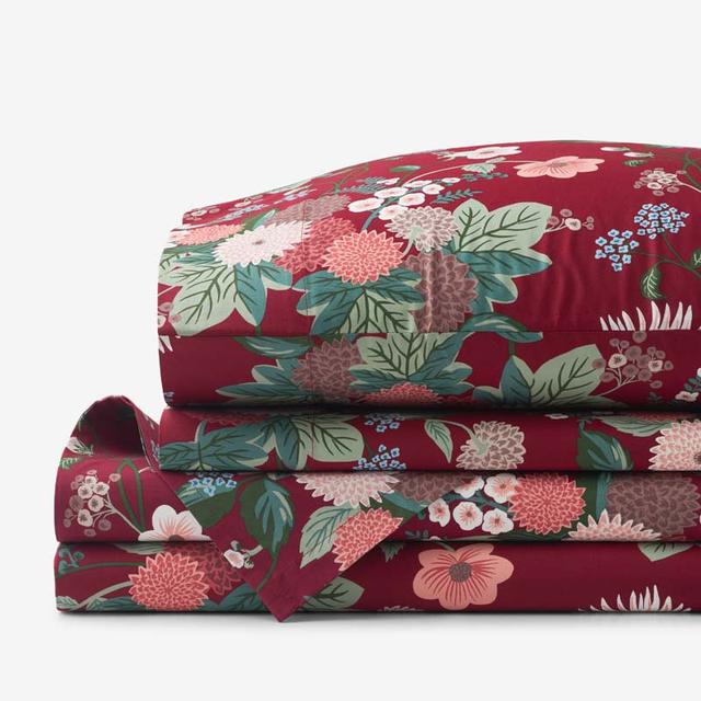 Dahlia Classic Cool Cotton Percale Bed Sheet Set - Green/Red, Size Twin | The Company Store